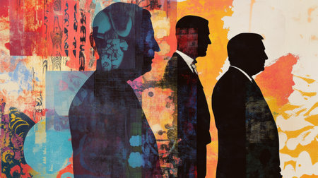 Silhouettes of prominent world leaders create a striking visual, layered with abstract designs that enhance the depth of the political theme and colors.の素材