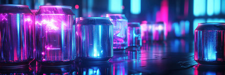 Stacked energy drink cans emit a vibrant glow against a futuristic backdrop featuring electric blue and purple reflections, highlighting a cyberpunk aesthetic.の素材