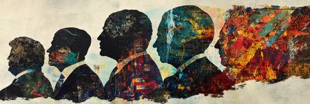 Silhouettes of various world leaders merge with vibrant abstract patterns, creating a bold political statement through artistic expression and layered designs.の素材