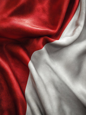 A national flag flows gracefully in the wind, showing its high-detail fabric texture against a simple background illuminated by gentle natural light.の素材