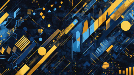 Dynamic visuals showcase stock market growth with political symbols, featuring a sleek blue and gold design that emphasizes corporate themes.の素材