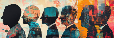 Silhouettes of influential world leaders are creatively layered with abstract patterns, reflecting deep political undertones in a striking color palette.の素材