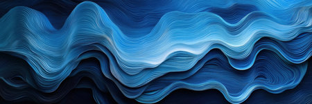 This artwork showcases a dynamic abstract composition of layered water waves in deep blue tones, emphasizing smooth gradients and an elegant ripple effect.の素材