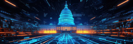 Glowing neon lines and pixelated patterns surround a government building, representing a cyberpunk-inspired vision of politics in a futuristic setting.の素材