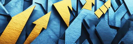 Colorful layered paper cut bar charts and arrows create a dynamic business-themed backdrop showing growth and progress in a sleek design.の素材