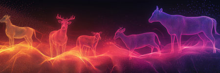 Farm animals are beautifully outlined by glowing energy, creating a surreal abstract composition that evokes a dreamlike ambiance at twilight.の素材