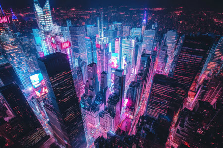 From a skyscraper, witness a breathtaking view of a bustling city below, with bright neon lights reflecting the lively energy of nighttime urban life.の素材