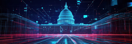 Futuristic visuals display a government structure adorned with pixelated abstract patterns and vibrant neon highlights, creating a cyberpunk atmosphere.の素材