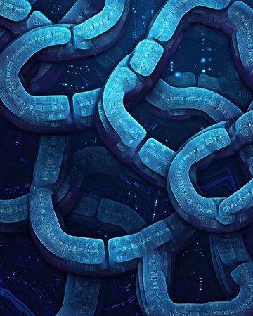 Exploring a futuristic blockchain concept featuring layered paper cut designs with interconnected nodes and glowing blue accents in a digital environment.の素材