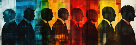 Silhouettes of world leaders are creatively layered with abstract patterns, blending colors of power and influence amidst a modern artistic backdrop.の素材