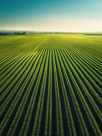 Endless rows of green crops create a mesmerizing pattern under soft lighting, showing the beauty of agricultural symmetry in this serene landscape.の素材