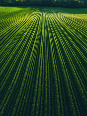 Vibrant green crop rows create a stunning pattern in the landscape, showing symmetry and tranquility as soft light enhances the natural beauty.の素材