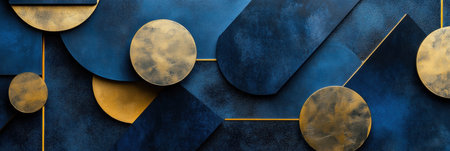 Sleek design showcases a blend of geometric elements in deep blue and gold, reflecting a dynamic political structure and contemporary artistry.の素材