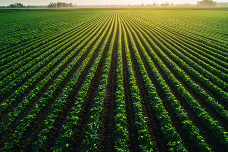 Perfectly aligned green crop rows stretch into the horizon, showing a rich tapestry of natural colors and symmetrical beauty during golden hour.の素材
