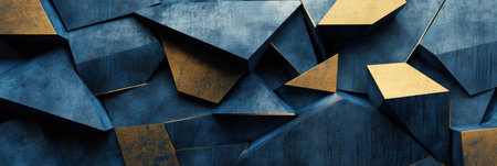 This unique abstract design showcases sharp geometric shapes intertwined in a deep blue and gold palette, reflecting modern political structures and aesthetics.の素材