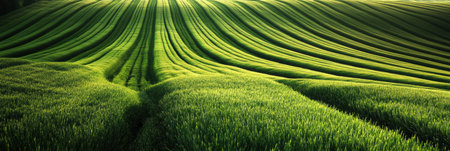 Endless green crop rows create a clean symmetry in a rural setting, softly illuminated by natural light, showing the beauty of agricultural fields at dusk.の素材