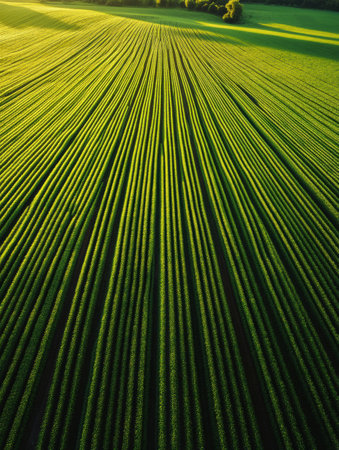 Expansive green crop rows create a harmonious pattern, showing natural symmetry under gentle lighting in a tranquil farming environment.の素材