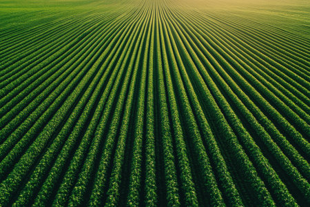 Rows of lush green crops stretch infinitely, showing clean symmetry and a natural color palette in the gentle light of early morning.の素材