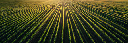 Perfectly aligned green crop rows stretch into the distance, showcasing clean symmetry and a natural color palette in serene soft lighting.の素材