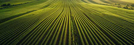 Fresh green crop rows extend into the distance under soft, natural light, showcasing clean symmetry and a serene landscape during morning hours.の素材