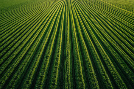 Green crop rows create a stunning pattern as they extend towards the horizon, showing clean symmetry and a calming natural color palette.の素材