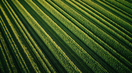 Perfectly aligned green crop rows stretch into the distance under soft lighting, creating a serene and symmetrical landscape filled with natures colors.の素材