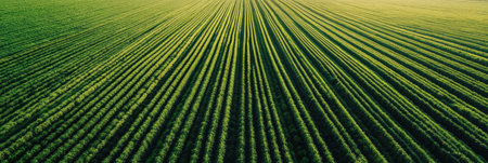 Green crop rows create a stunning visual pattern under soft lighting, offering a serene view of agricultural fields stretching far into the horizon.の素材