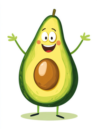 Cute oversized cartoon avocado with a smile and bright colors joyfully enhances the grocery store experience, capturing attention with its fun design.の素材