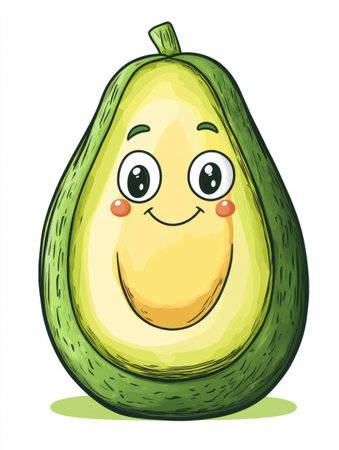 A cheerful oversized avocado character with exaggerated features stands in a colorful grocery store, spreading joy and fun among shoppers and kids.の素材