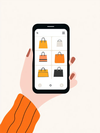 User engages with a smartphone to explore an online shopping app showcasing a selection of trendy handbags in a modern interfaceの素材