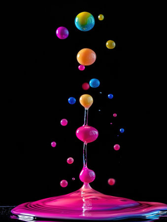 High-speed photography reveals a mesmerizing display of colorful gasoline droplets suspended in the air, creating a captivating visual experience.の素材