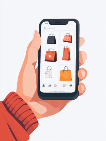 A hand navigates a smartphone screen displaying a shopping app with various stylish bags, illustrating a modern online shopping experience.の素材