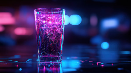 A glass of soda radiating neon colors is placed on a sleek surface, surrounded by deep blue and electric purple lighting, capturing a cyberpunk vibe.の素材