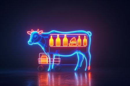 Bright neon cow design featuring milk bottles and cheese icons creates an eye-catching display for a modern grocery store, enhancing product presentation.の素材