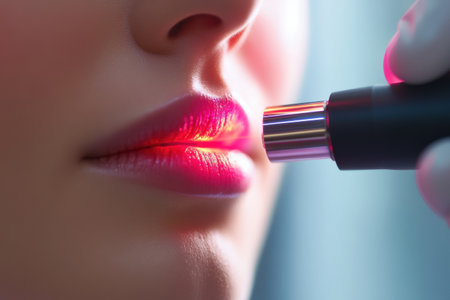 Red laser beam passes over soft skin, highlighting advanced beauty technology in a sterile environment. Modern treatments enhance skin appearance and health.の素材