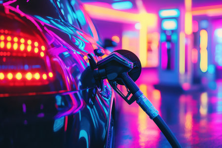 A car is being refueled at a gas station while bright neon lights illuminate the area, creating an electric atmosphere and enhancing the overall experience.の素材