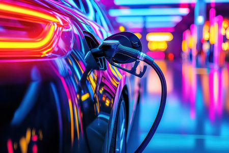 A car is being refueled at a gas station, featuring a glowing fuel nozzle amidst a bright, dynamic background filled with neon lights at night.の素材