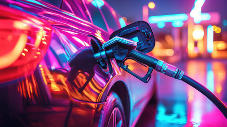 A car powers up with fuel at a brightly lit gas station, where neon colors create an energetic atmosphere during nighttime.の素材