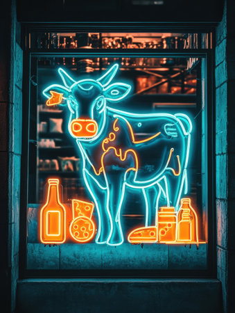 Neon shapes of a cow alongside milk bottles and cheese icons illuminate a grocery storefront, showcasing a modern and vibrant shopping experience.の素材