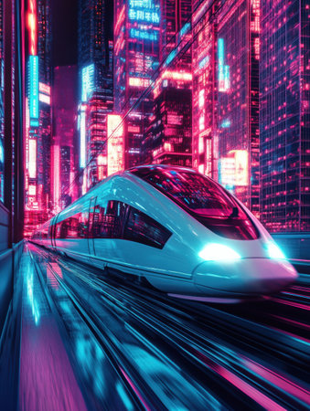 High-speed train moves swiftly along tracks in a glowing landscape urban, surrounded by neon reflections and vibrant colors creating an atmospheric experienceの素材