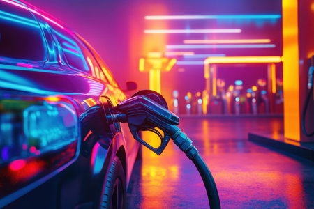 Car fueling at a dynamic gas station, featuring a bright nozzle amidst striking neon tones in the background during the evening.の素材