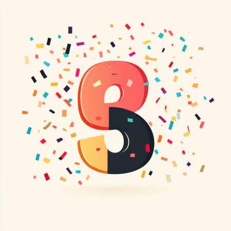 Bright and modern number three icon in playful colors with falling confetti creates a joyful atmosphere suitable for birthdays and festive occasionsの素材