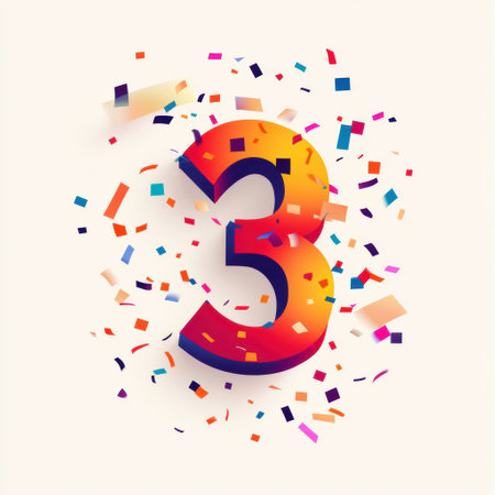 A playful number icon, depicting age three, is adorned with colorful confetti in a modern flat style, radiating a joyful and festive atmosphere.の素材