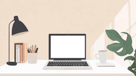 Bright and airy workspace with a sleek laptop on a clean white desk, adorned with minimalistic decor and natural light streaming in, promoting productivityの素材