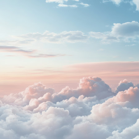 Clouds are gently spaced in a gradient sky, providing an airy and calm ambiance, perfect for a moment of reflection or relaxation.の素材