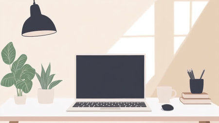 A clean white desk holds a sleek laptop, plants, and office supplies, all illuminated by natural light in a modern workspace designed for productivity.の素材