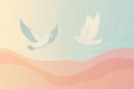 Two doves soar gracefully together against a soft pastel sky, symbolizing harmony and connection in a peaceful, loving atmosphere.の素材