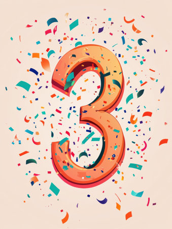 Joyful celebration of the number three surrounded by colorful confetti, designed in elegant flat style, ideal for events and birthdays.の素材