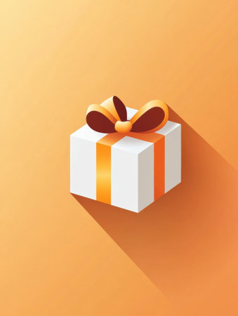 Vector graphic showcases a white gift box adorned with a vibrant ribbon, set against a warm, festive backdrop full of cheerful holiday vibes.の素材