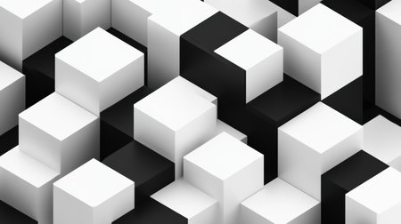 Isometric cube pattern showcases a sleek arrangement of black and white shapes with soft shadows, creating a minimalistic and futuristic ambiance.の素材
